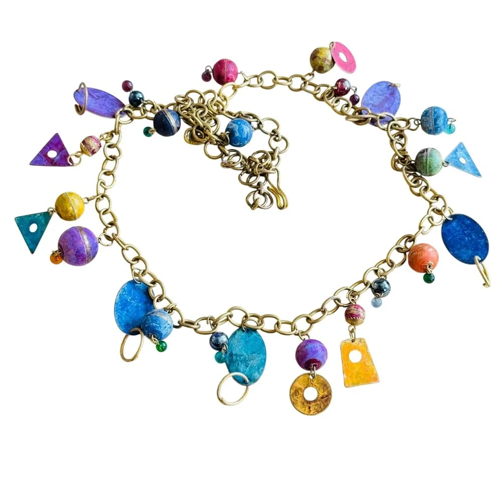 VTG BOHO Colorful Brass Chain Dangle Belt Necklace Cha‎ cha Glass Chunky Retro